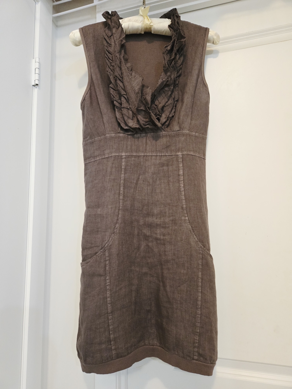 Linen Brown Ruffle-Trim Sleeveless Mini Dress Size S